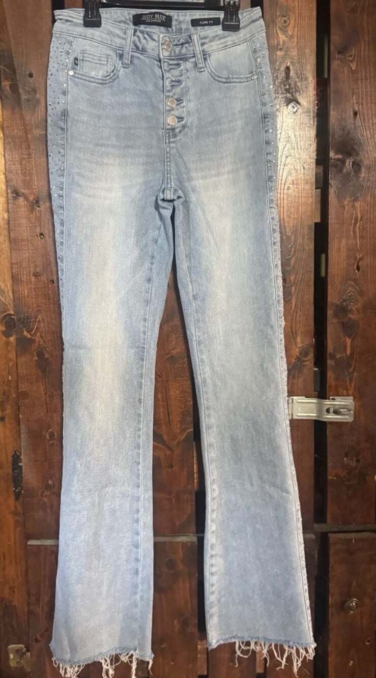 Judy Blue Flare  High-Rise Button-Fly Rhinestone Studded Jeans Size 3/26
